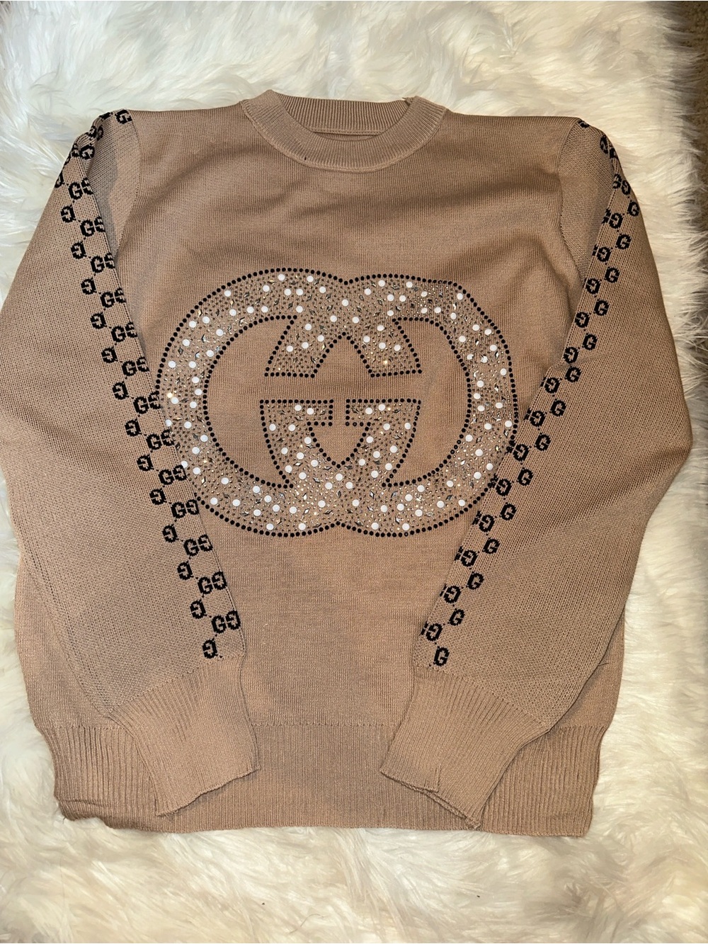 Gucci Beige Crewneck Sweater with Crystal-Embellished Logo